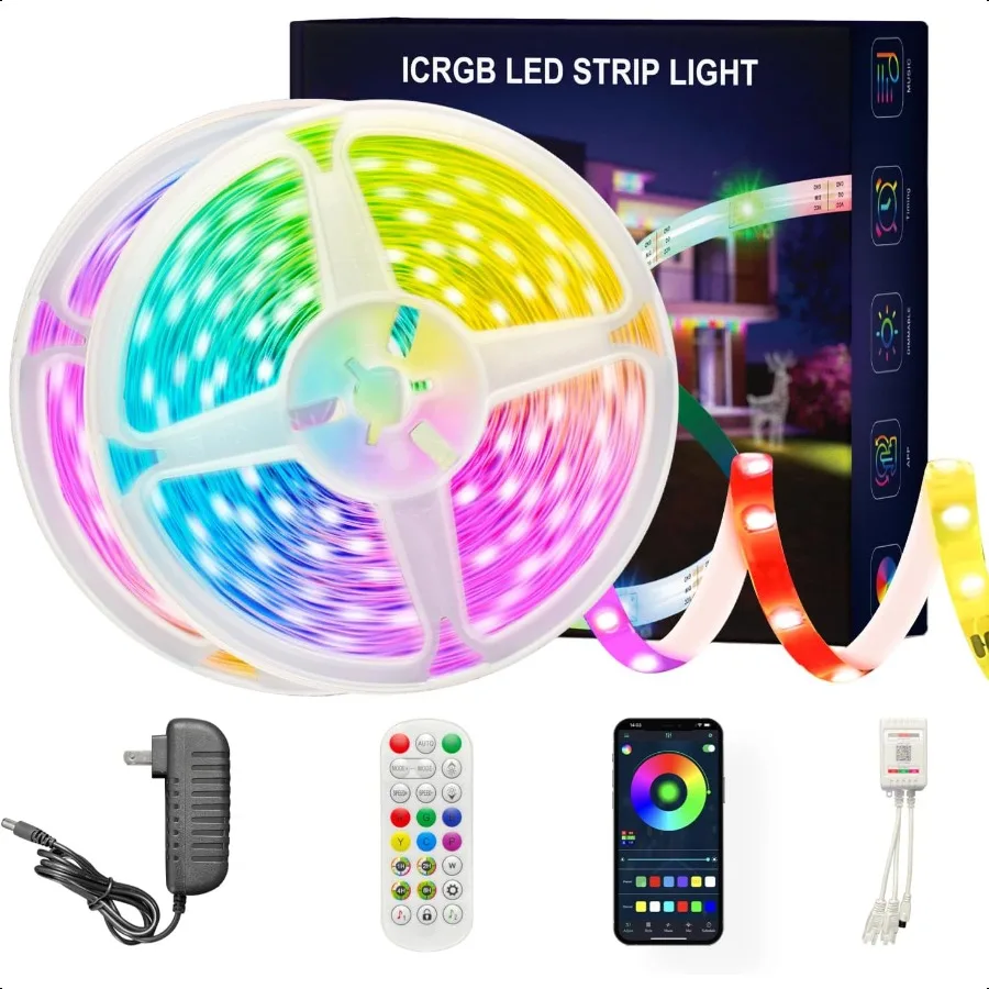 

100 ft 2 Rolls of 50ft IC+RGBLed Lights for Bedroom Music Sync Color Changing Led Strip Lights with Remote App Control Led Stri