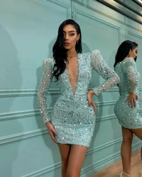 Sexy Deep V-Neck Cocktail Dress Sparkly Sequin Short Dress Long Sleeves Sheath Mini Special Evening Dress New Vestidos De Fiesta