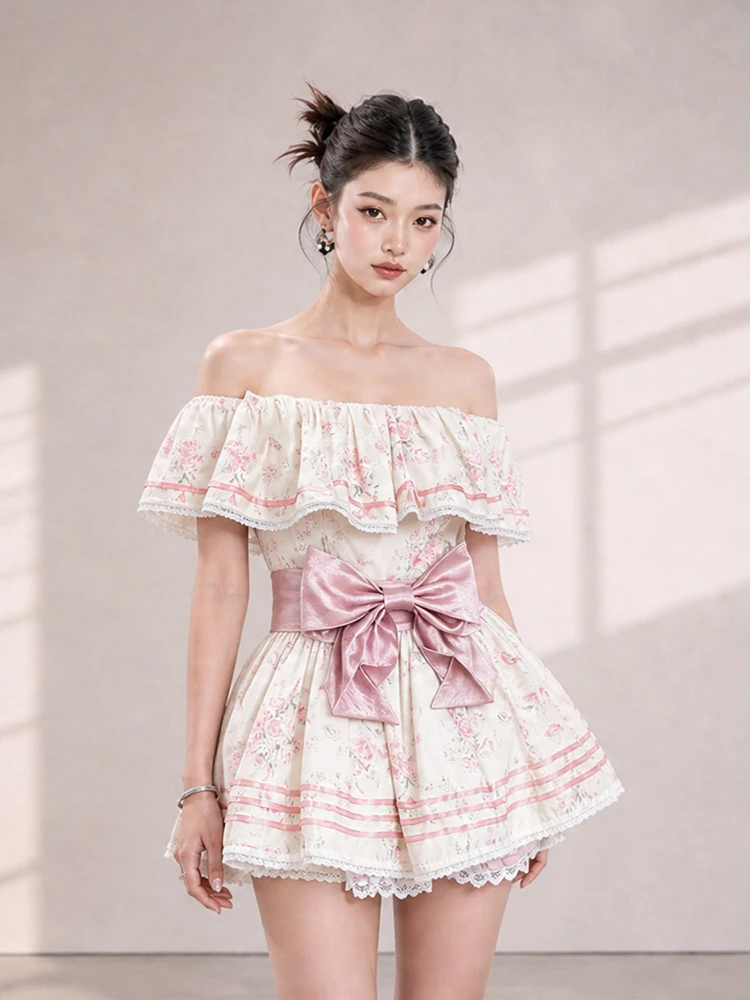 REDDACHIC Summer Floral Shirt Blommers Womens Matching Set Cottagecore Lace Trim Bubble Shorts Bow Cinched Blouse Cute Clothes