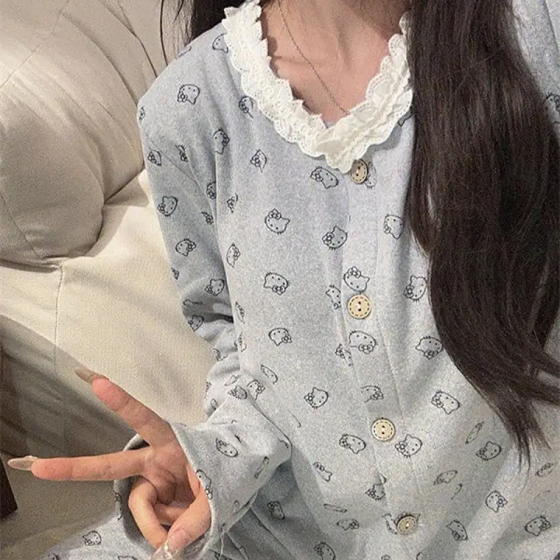 

Kawaii Sanrio Hello Kitty Anime Sweet Striped Women Korean Style Student Long Sleeve Cardigan Y2K Pajamas Set Spring Autumn New