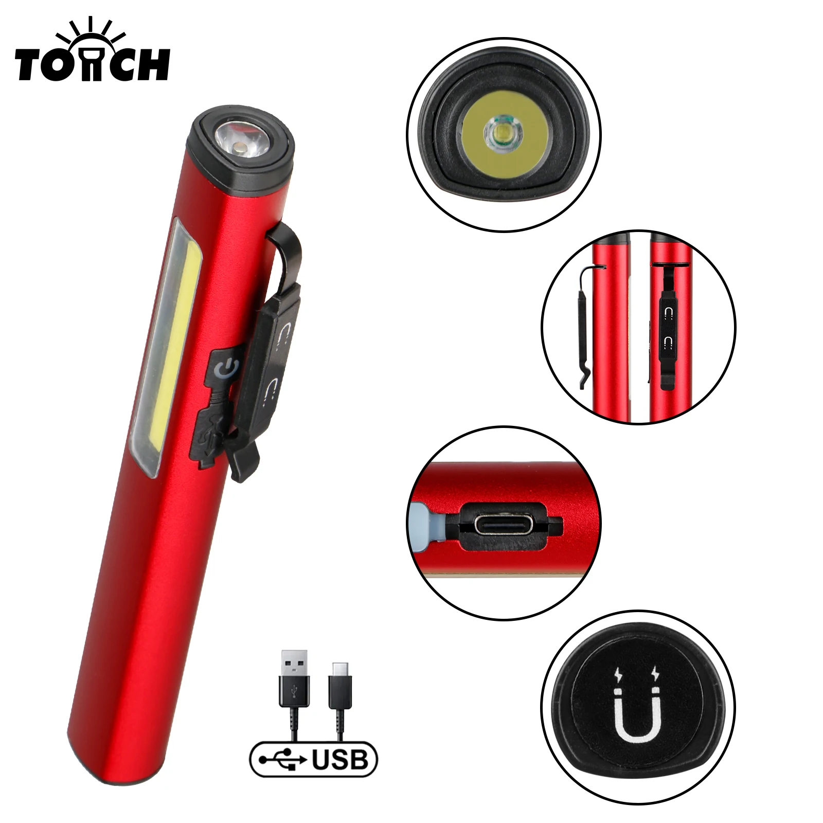 Mini USB Rechargeable LED Flashlights with Magnet Lightweight Waterproof Small Pocket Penlight with Clip for Work Emergency