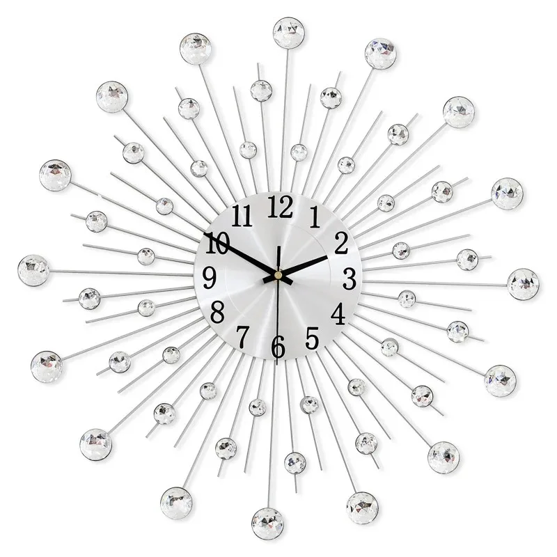 38/50CM Silver Crystal Beaded Jeweled Round Sunburst Metal Wall Clock DIY Large Morden Wall Clock Design Home Rooms Office Decor