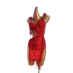 Latin Dance Stage Women's High-end Customized Red Hollow Suspender Samba Rhinestone Performance Costume Dress