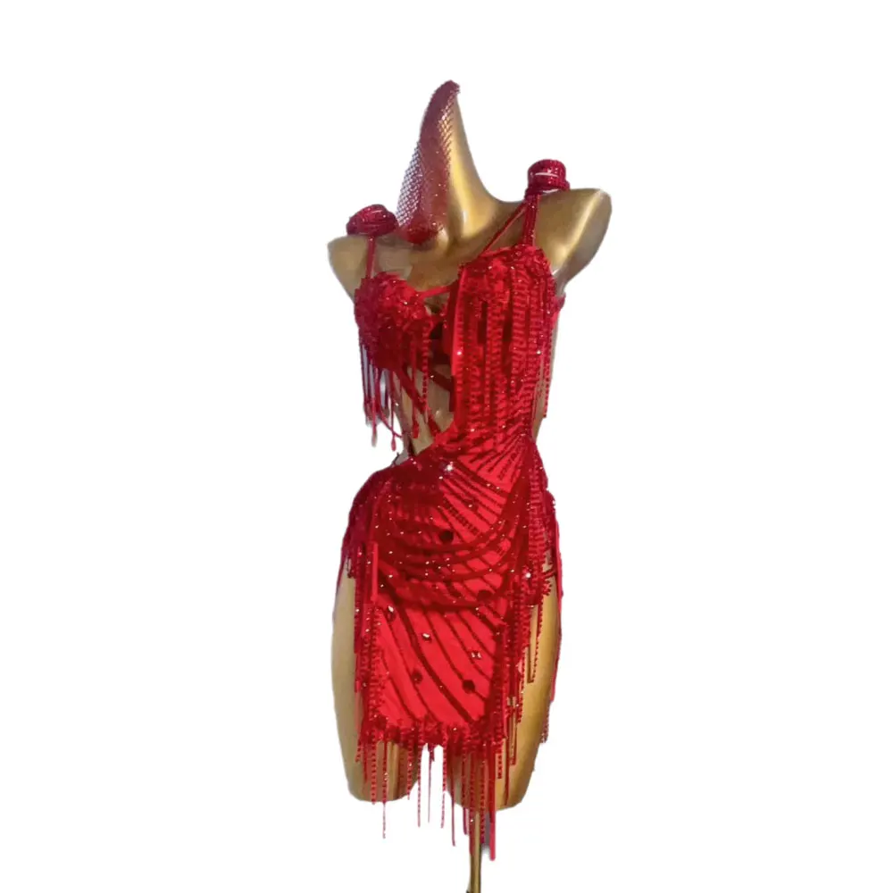 여성용 라틴 댄스 무대, 맞춤형 레드 할로우 서스펜더, 삼바 라인석 공연, 고급 코스튬 원피스 
