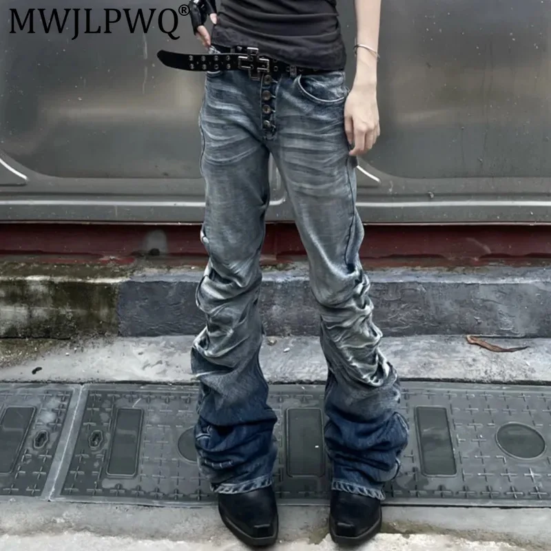 MWJLPWQ American Retro Washed Wrinkled Cut-Out Jeans For Unisex Autumn Trendy Slim-Fit Narrow Straight-Leg Stacked Pants 20401