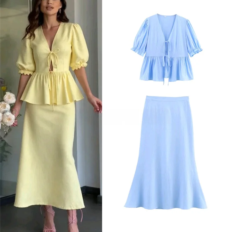 

mat Sle V-Ne Bubble Sve Top with Belt And Fi Tail f Skirt Set Summer New Arrival Women's Faion Ensemble