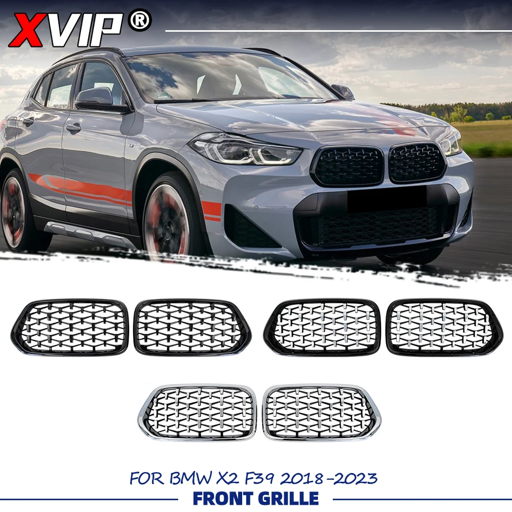 

XVIP Chrome Black Diamonds Style Front Bumper Racing Grille For BMW X2 F39 2018-2023 Silver Car Front Grill Replacement