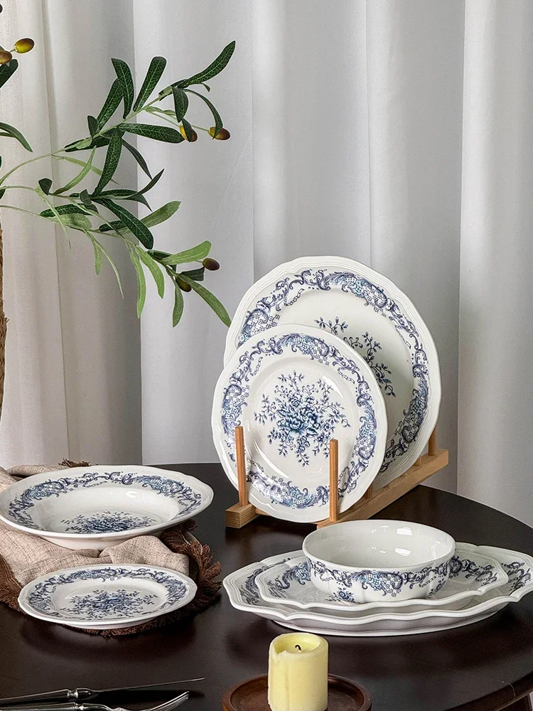 

Home Use Vintage Floral Ceramic Tableware High-quality Western Food Spaghetti Round Plate French Dim Sum Dessert Plate