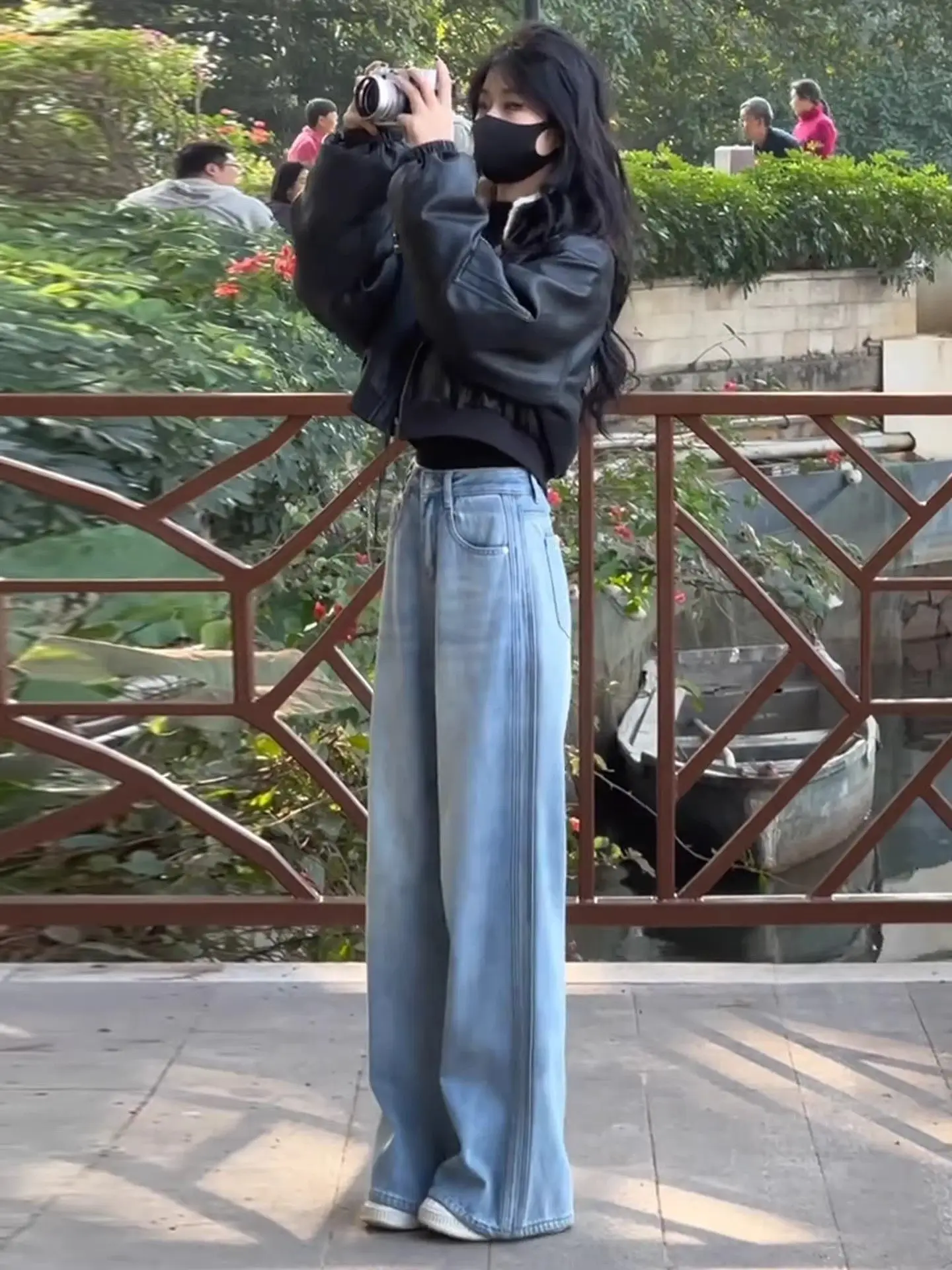 

Retro Wide Leg Blue Fce Lined Denim Jeans Women's Winter Loose Slimming Drapey Straight Floor-Length Pants