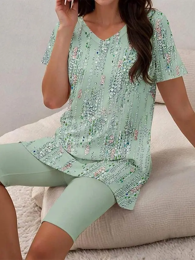 2024 Elegant Two-piece Women\'s Clothing, Tribal Floral Print Casual Short Sleeved Suit, Lace Top And Shorts, Women\'s Clothing