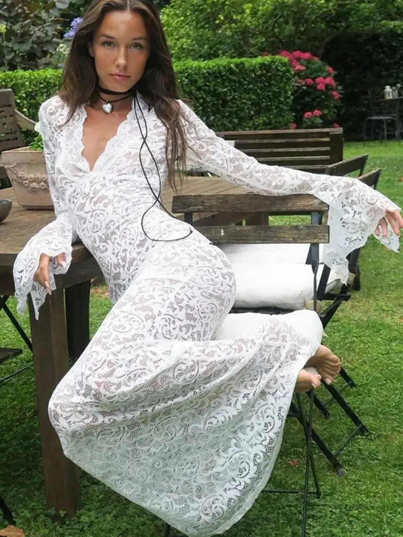 Spitze Transparent Sexy Aushöhlen Maxi Kleid Elegante Outfits Frauen Flare Hülse V-ausschnitt Kleider Party Club Vestido MSQ4