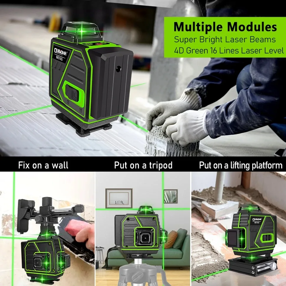 Clubiona 4D 16 Lines Professional Powerful Green Lines Laser Level with Remote Control and Pulse Mode