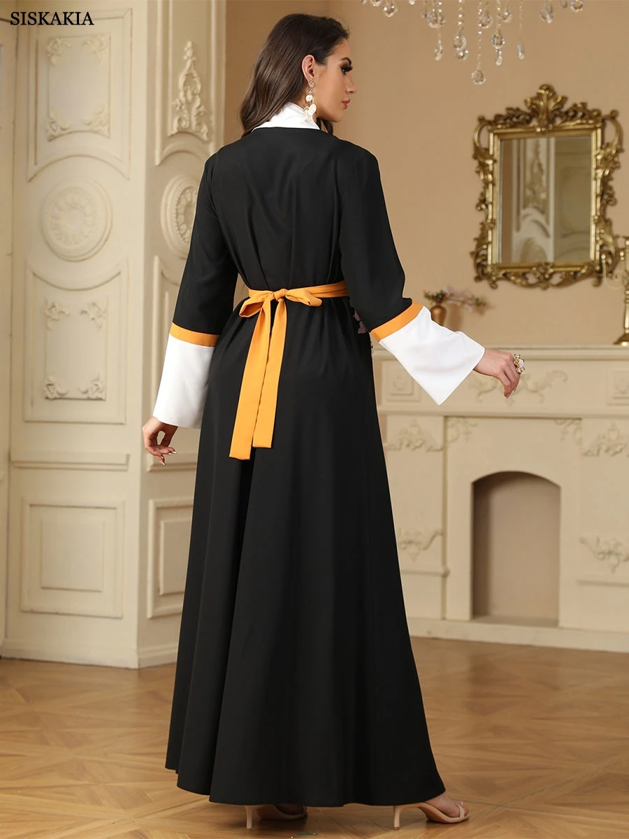 Siskakia Ramadan Dubai Sequins Patchwork Abaya Panel Sleeve Kaftan With Sashes Muslim Woman Costume Elegant Loose Dresses
