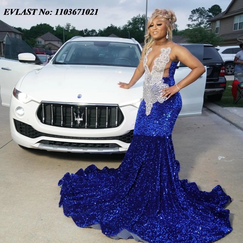 EVLAST Customized Royal Blue Sequins Mermaid Long Prom Dress For Black Girls Silver Diamond Beaded Party Gala Gown Vestidos P105