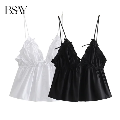 Imagen 2 del producto BSAY, moda de Mujer, novedad de verano, Top sin mangas de popelina con lazo, blusa, ropa de calle, chaleco, camiseta sin mangas, Tops cortos elegantes para Mujer