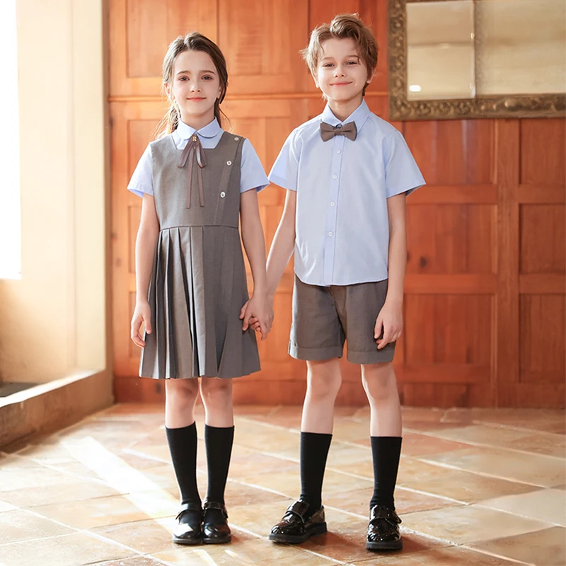 Girl Summer Evening Dresses Kindergarten School Uniform Boys Shirt Shorts Bowtie Wedding Suit Children Performance Costume