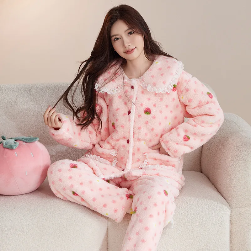 

Women's Coral Velvet Pajama Set Autumn Winter Sweet Homewear Fleece-Lined Keep Warm Sleepwear New Model Nightwear Set