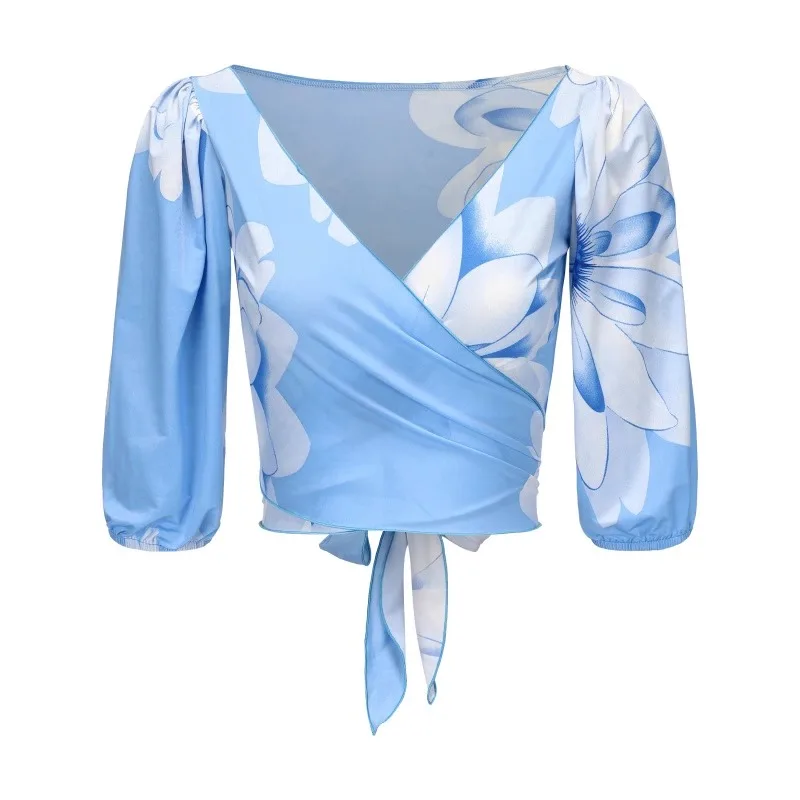 カスタマイズされたベリーダンス衣装のネクタイトップ、プリントバブルスリーブ付きで、前後に着用できるようにカバーします。