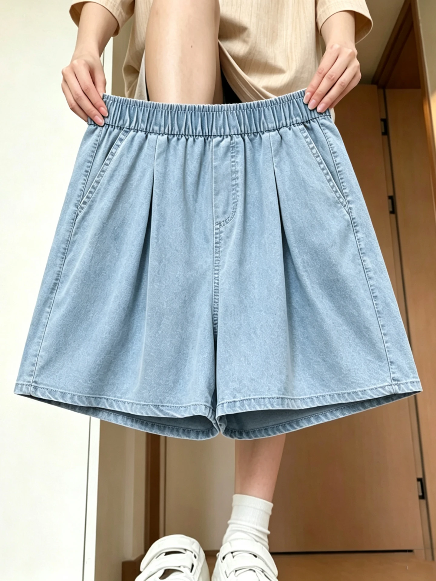 

Lacele Summer Thin Wide Leg Denim Shorts Women's High Waist Slim A-Line Five-Quarter Hot Pants Casual Commute Style Multi-Pocket