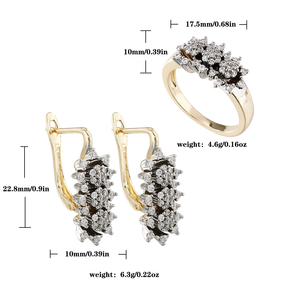 French light luxury fan-shaped zircon earrings and rings two-tone set copper-plated 14K gold workplace banquet accessories
