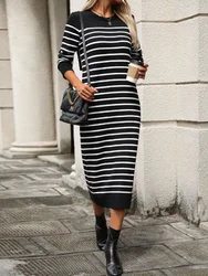 Women's Simple and Elegant New Slim Fitting Striped Knitted Sweater with Striped Long Skirt Fashionable Autumn and Winter Dress