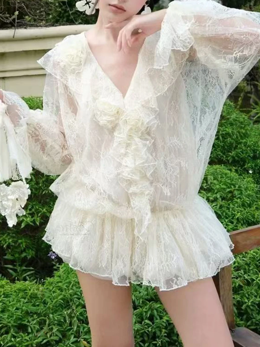 TWOTWINSTYLE, vestidos elegantes con pliegues y volantes empalmados lisos para mujer, minivestido de encaje transparente con cuello en V y mangas largas para mujer