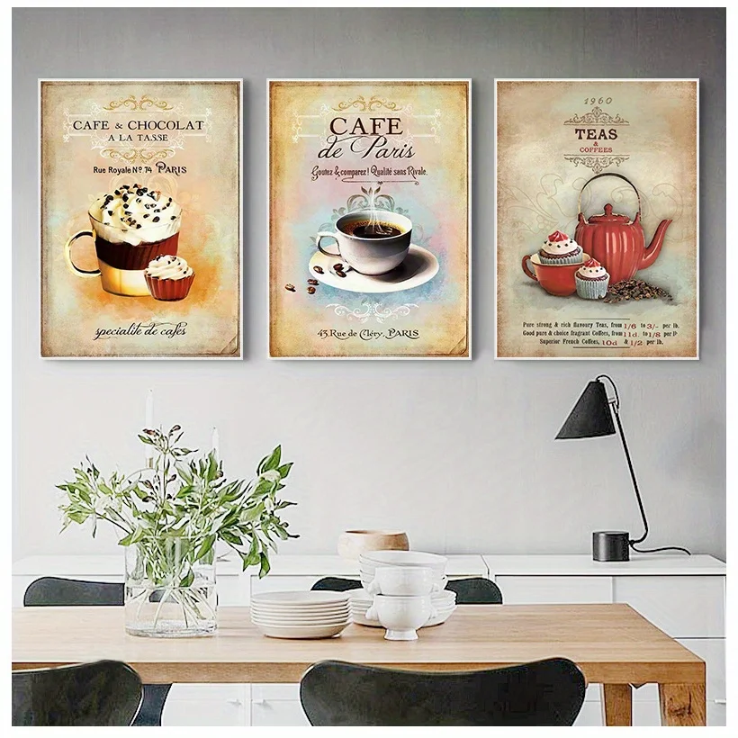 （NoFranme 3PCS）-3pcs Retro Poster French High Tea Wall Art Print Canvas Painting Cafe Tea Dining Room Cake Store Home Decorat