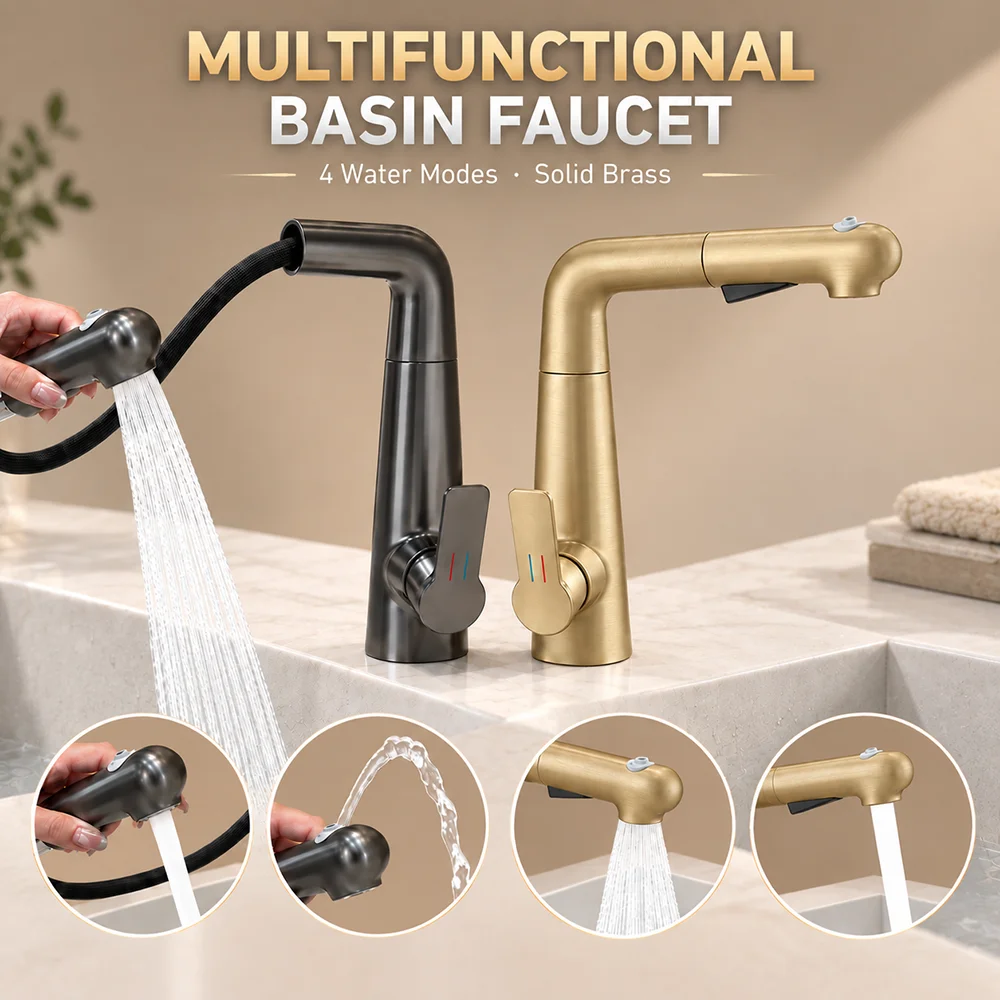 Multifunctional Basin Faucet Solid Brass Pull Out Bathroom Sink Faucets Mixer Tap Single Hole Hot Cold Water Faucet for Bathroom