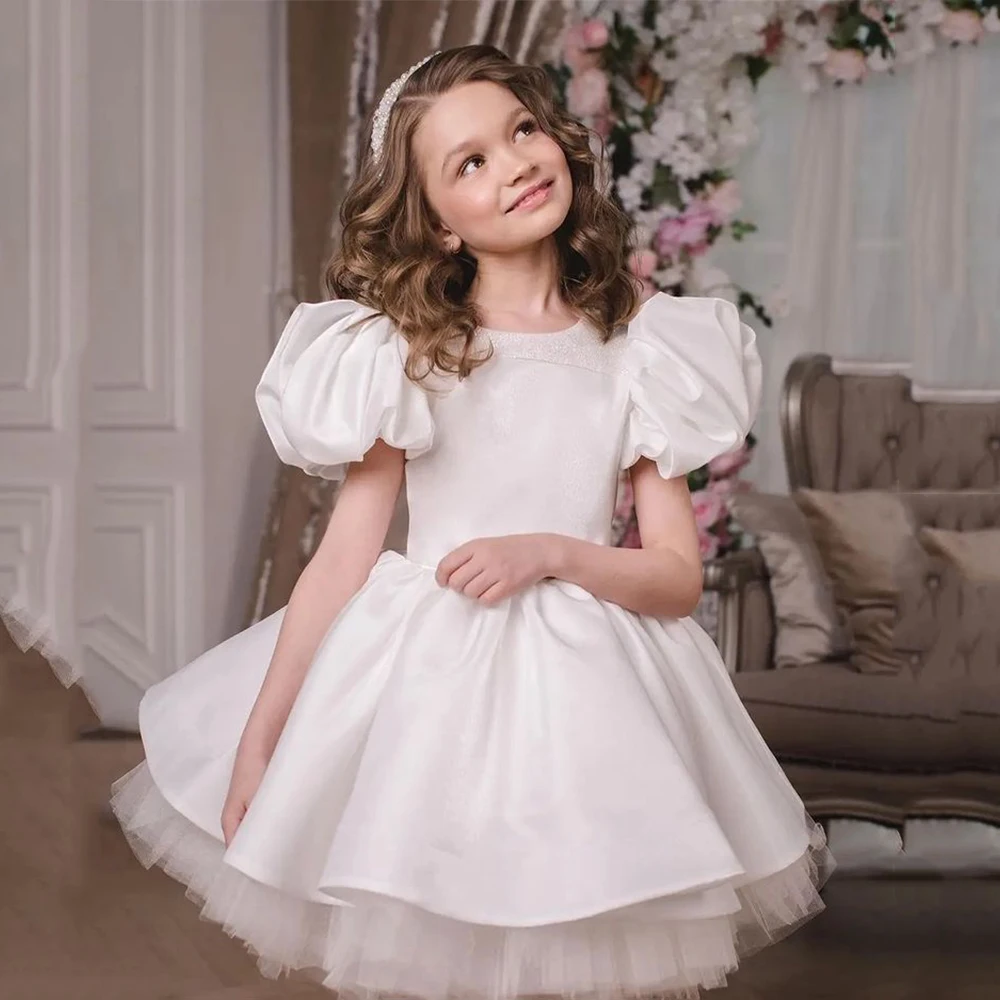 Fashion Flower Girl Dress O Neck Short Sleeves Cute Girls Pageant Party Gown with Big Bow Puff Kids First Communion 