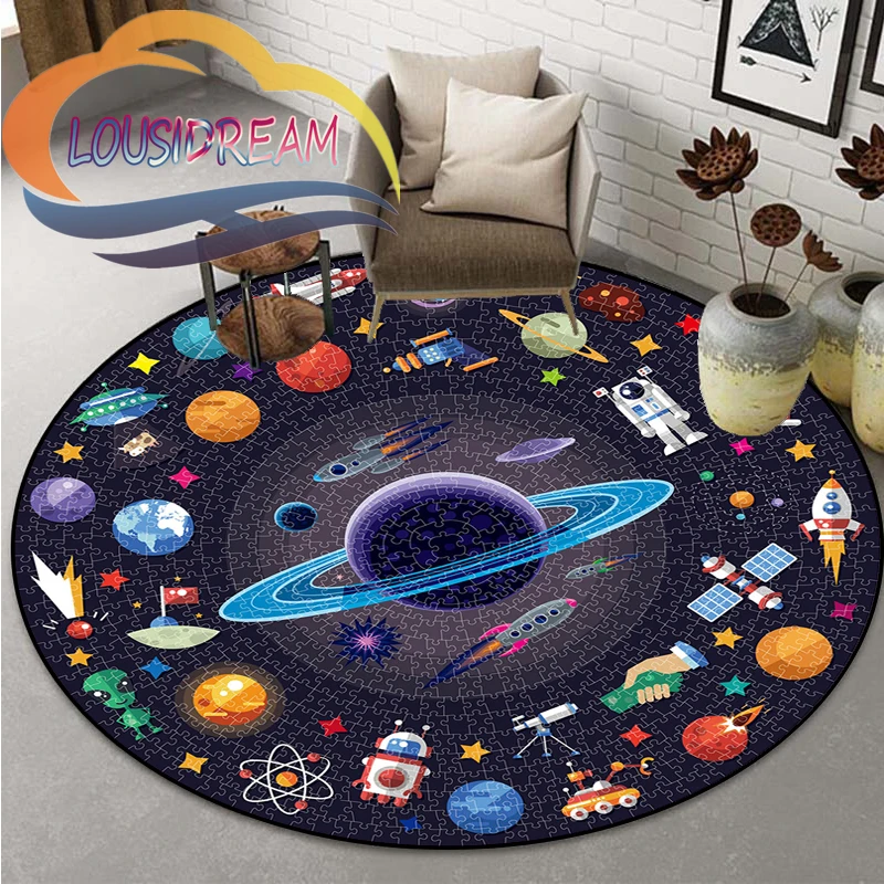 Espaço Universo Round Bedroom Floor Mat, Computer Chair Area Decoração Tapetes, Vector Ufo e muitos planetas na galáxia