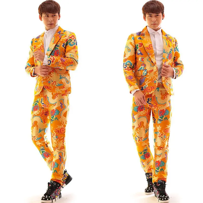 Chinese Style Men's Tang Suits Wedding Ceremonies Hosts Embroidered Suit Coat Personalized Dragon Robe Performance Costume Set