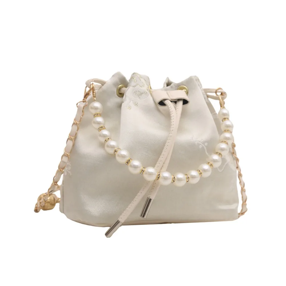 

Drawstrings Embroidery Bucket Bag Adjustable Chain Comfortable Straps Floral Shoulder Bags Large Capacity Non-slip Bottom