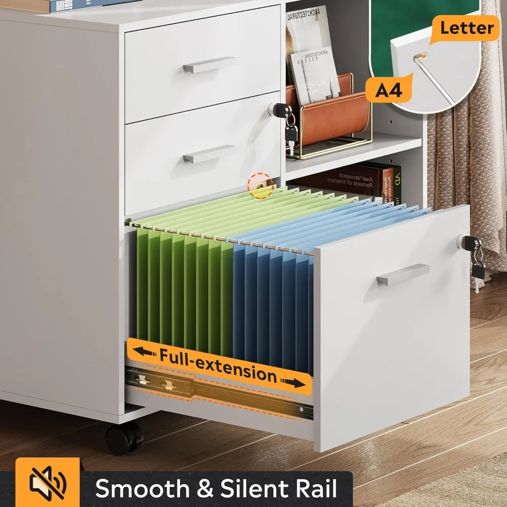 خزانة ملفات متنقلة بقفل خشبي ثلاثي الأدراج مع حامل طابعة وأرفف تخزين مفتوحة للاستخدام المنزلي والمكاتب