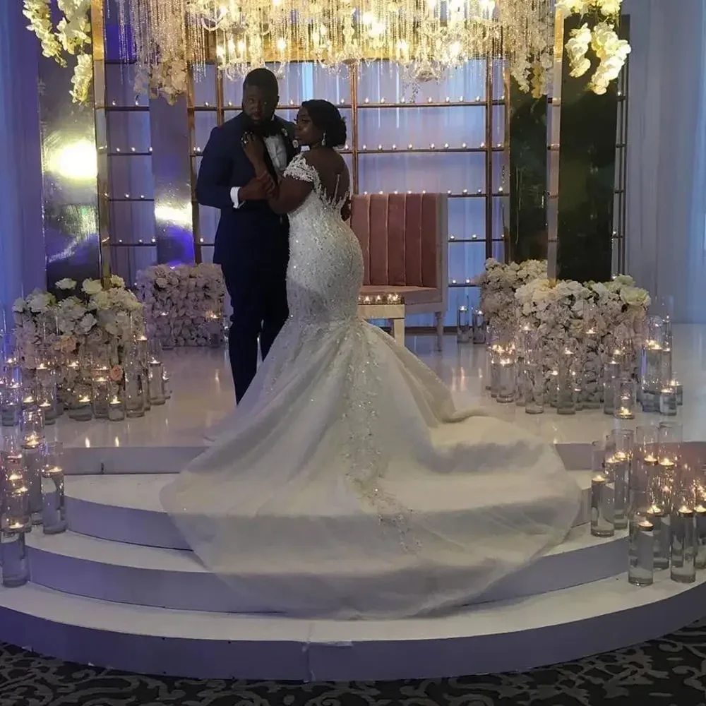 تخصيص العروس حورية البحر فساتين الزفاف قبالة الكتف الدانتيل الخامس الرقبة قطار طويل أثواب الزفاف Vestidos De Novia