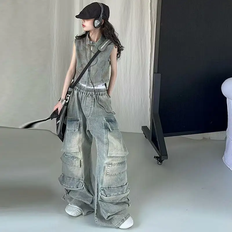 High Quality Child Jeans Suits 2 Piece Set for Girl Casual Spring Autumn Clothing Set Cargo Jeans + Denim Tops Outfit Streetwear
