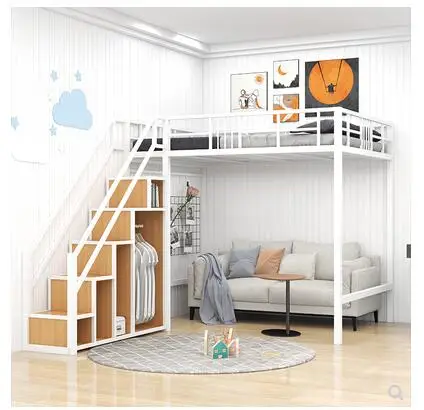 Small family light luxury loft bed saves space iron frame bed goes to bed under table two stair cabinet elevated bed