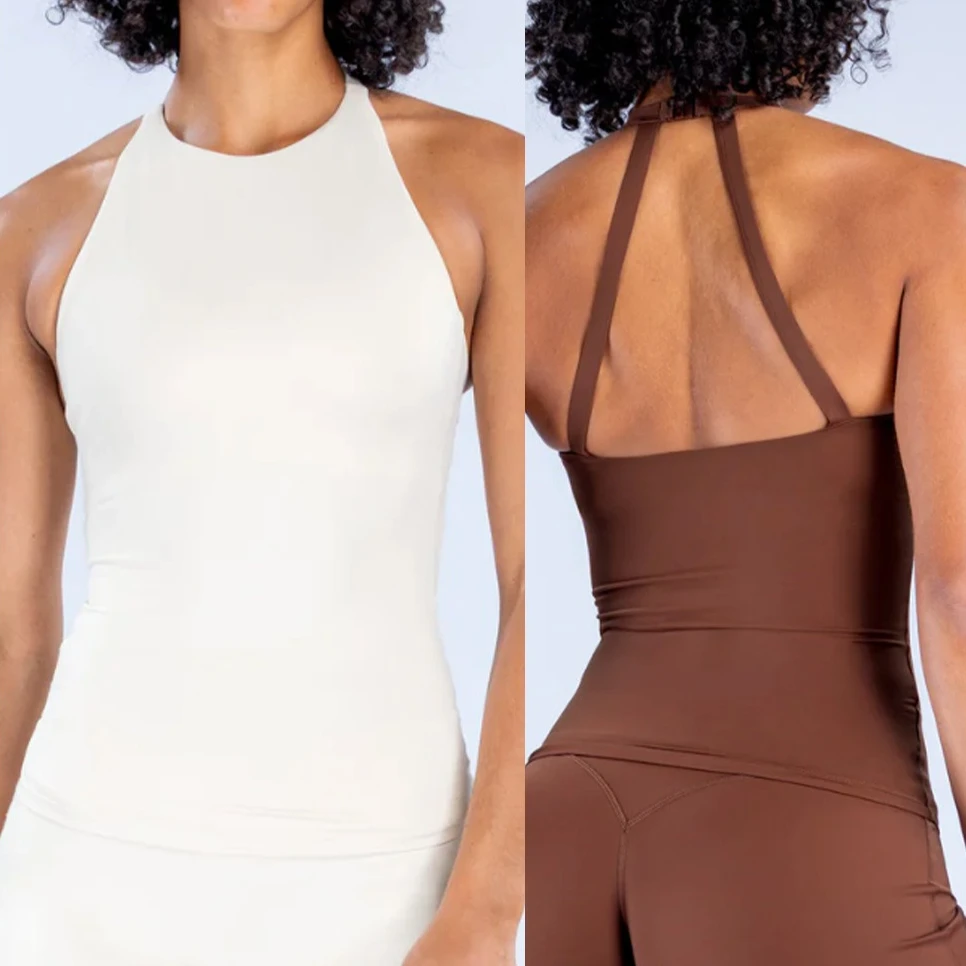 Women Halter Tank Top Built In Sports Bra Yoga Top Quick-Dry Slim Fit Gym Workout Crop Top Running Daily Wear Sports Vest Summer