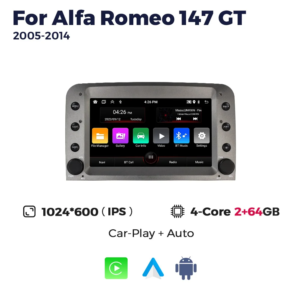 Android 15 Autoradio 7 Inch voor Alfa Romeo 147 GT 2005-2014 GPS Multimedia Draadloze CarPlay Android Auto