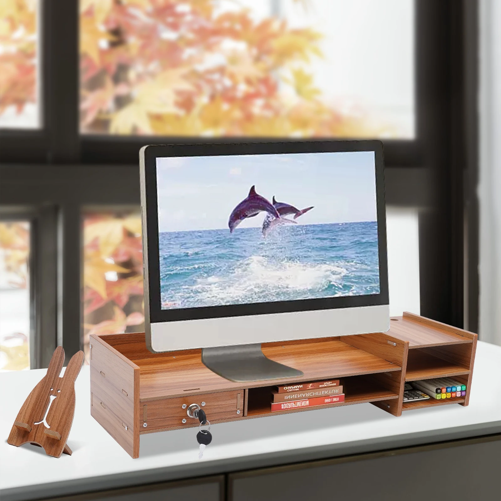 

Sturdy Bamboo Wood Monitor Stand Riser w/ Drawer - Desk Storage Organizer, Wooden Organizer With Cone,Computer Desktop