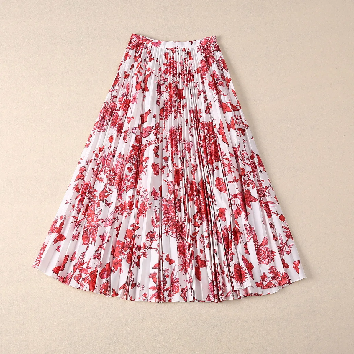 

Europe and the United States women's 2024 summer new Red butterfly print pure cotton pleats Fashion skirt