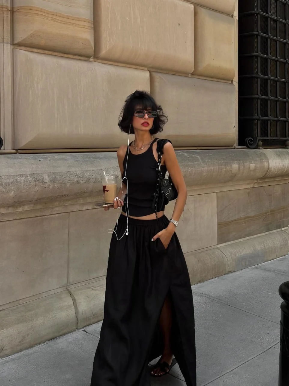 New 26 Minimalist Casual Loose Cotton Linen Half-length Skirt with Strap Vest for Women Mid-waist Pure Color Black Dress