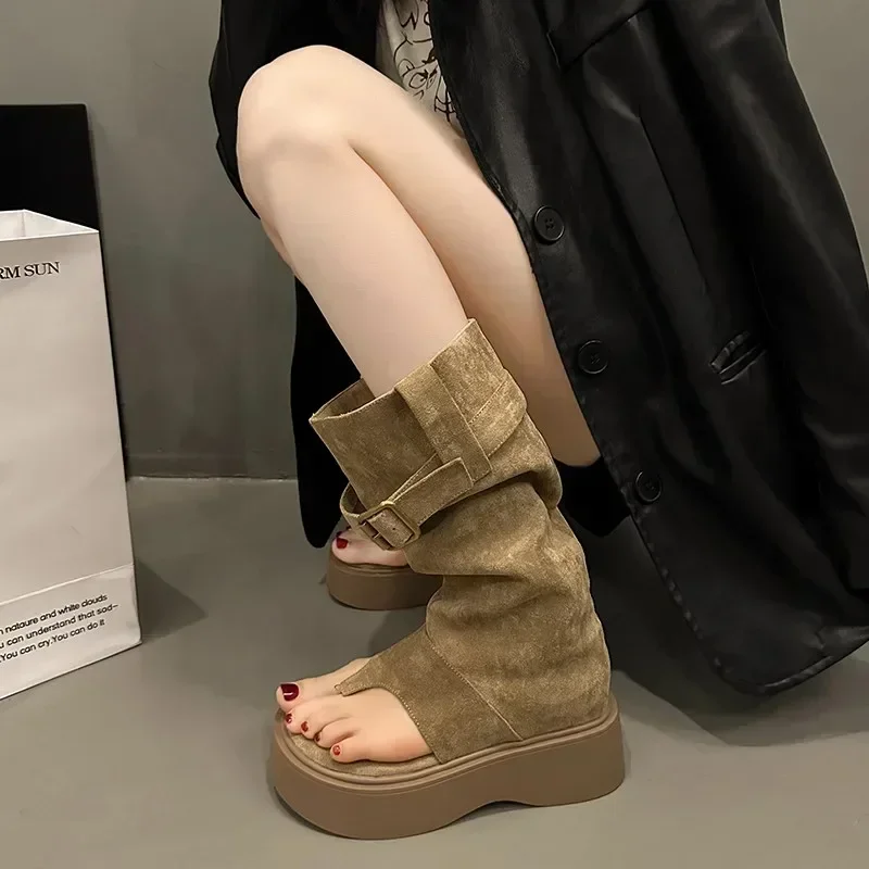 2024 Mid Heel Sponge Sole Open Toe Summer Women\'s Boots New Fashion Solid Color Mature Women\'s Shoes Womens Boots Custom Shoes