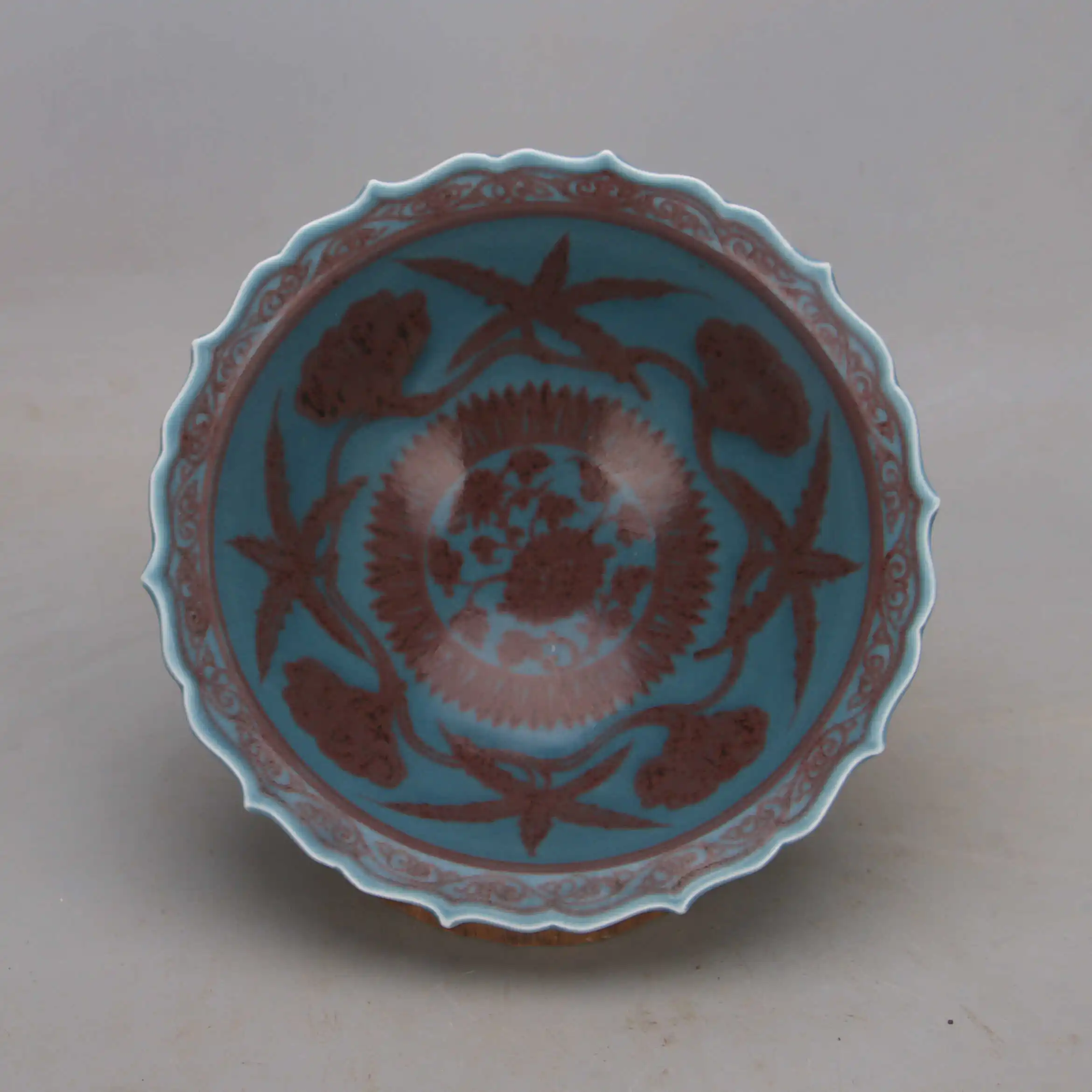 Handmade Ming Style Peacock Blue Underglaze Red Floral Large Conical Porcelain Bowl Collectible