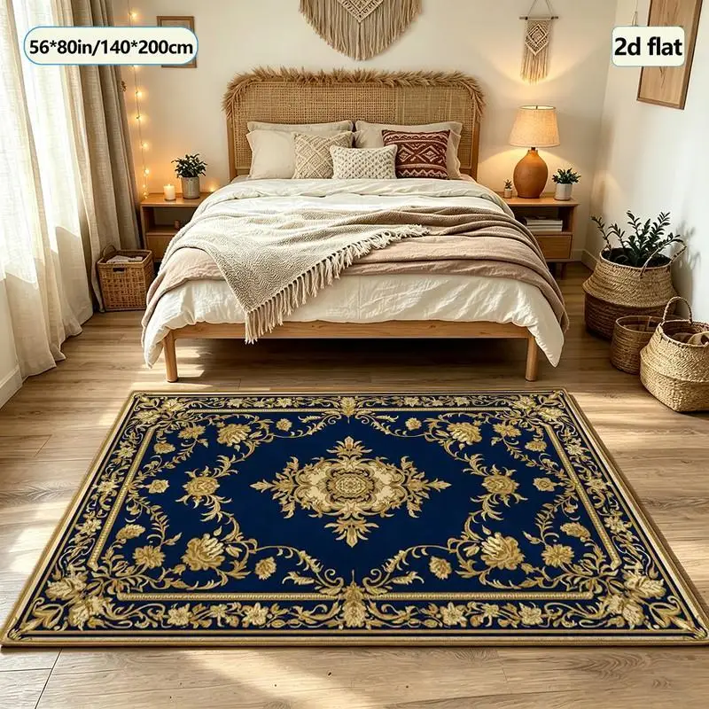 1 Piece of Luxurious and Elegant Navy Blue and Gold Floral Patterned Woven Carpet, Soft and Comfortable, Suitable for All Seasons, Lightweight and Easy to Maintain, Home Decor, Living Room, Bedroom, Dining Room, Autumn, Winter