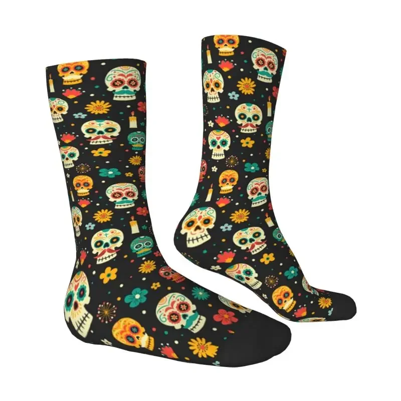 Y2K Funny Printing Mexican Flower Sugar Skull For Men Women Stretchy Summer Autumn Winter Day Of The Dead Crew Socks