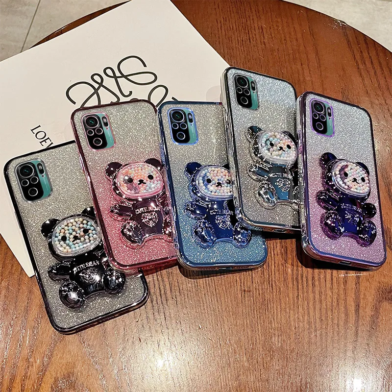 6D Luxury Plating Glitter Quicksand Bear Cartoon Phone Holder Case: For Xiao Redmi Note 10 11 12 13 9 8 7 S Pro Plus 4 5 g Cover