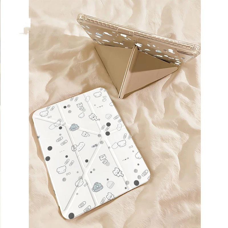 Minimalist Line Cat iPad Case For iPad Pro 11 13in 2025 iPad Pro 12.9in Air7 10th 11th M4 M5 Y-Shaped Folding Protective Cover
