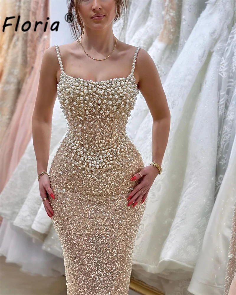 Robe de Soirée de Forme Sirène avec Bretelles Spaghetti et Perles, Tenue Formelle à Paillettes, à la Mode, pour Mariage, Bal, Cocktail, Dubaï