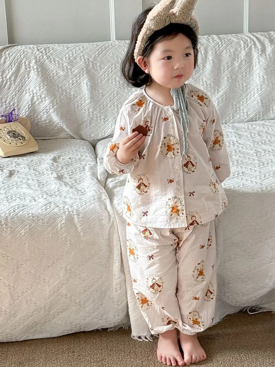 2024 Autumn Children\'s Clothing pajamas sets yarn cotton cartoon sleepwear Boys Girls long sleeve trousers 2pcs Kids Home Wear