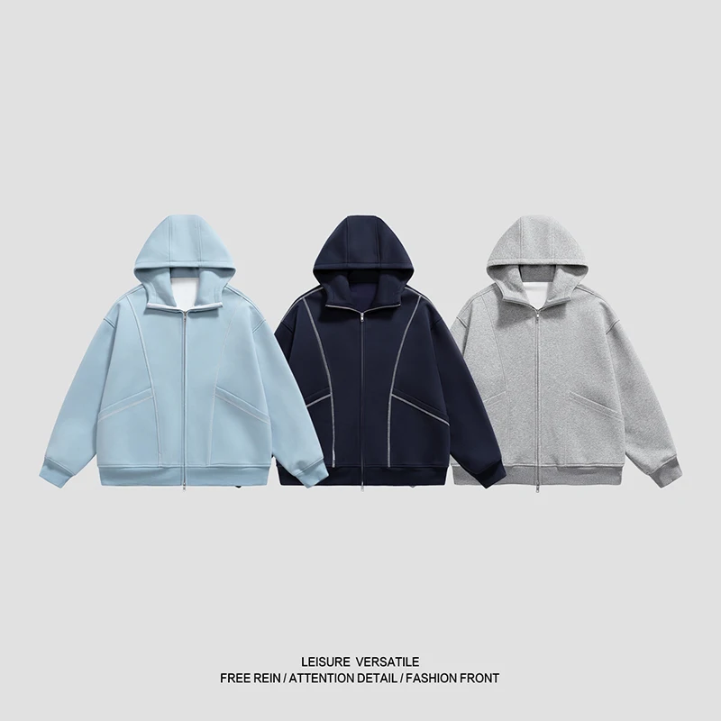 

Spring/Autumn Men's Hooded Jacket with Contrasting Stitching and Zipper, Fashionable, Minimalist, Comfortable, Casual